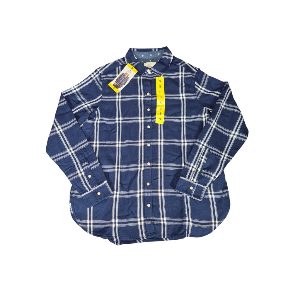 Jachs Girlfriend Women Small Navy Blue White Plaid Button Down Shirt NWT 1612218